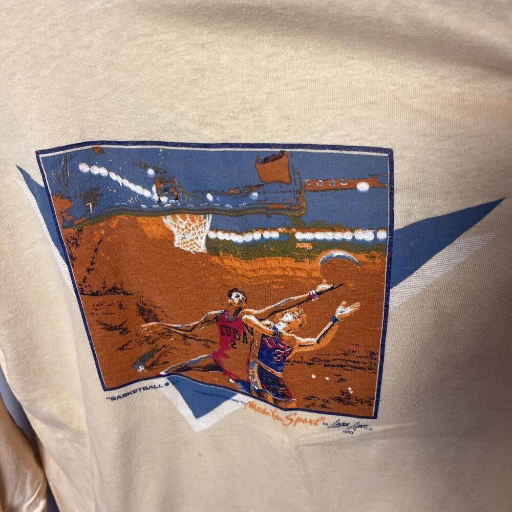 Vintage 1984 LA Olympics Basketball Shirt Art Shirt Swimming Long Sleeve Sz XL